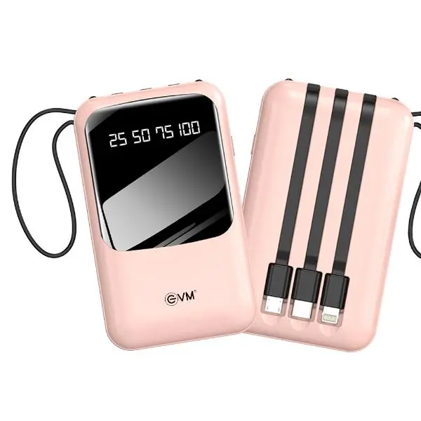 EVM EnCase Mini 10000mAh Power Bank with 4 Built-in Charging Cables – Lightning, Type C, Micro USB & USB – Fast Charging with 12W Output, for All Smartphones (2 Year Warranty), Pink (EVM P0307)