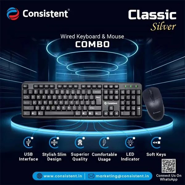 Consistent Classic Silver Wired Keyboard & Mouse (SK101) for Windows, USB Plug-and-Play, Full-Size, Spill-Resistant, Curved Space Bar (Black)
