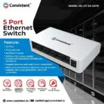 Consistent Desktop 5 Port Ethernet Switch (CT-DS-05PN) 5V/1A Power Suppy, 10/100Mbps Speed, Forwarding Rate 0.744Mbps, 1 Gbps Bandwidth, IEEE802.3,IEEE802.3u Network.
