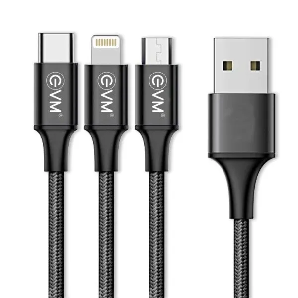Evm 3 In 1 Charging Cable (Metal Head Nylon Braided Cable), Black