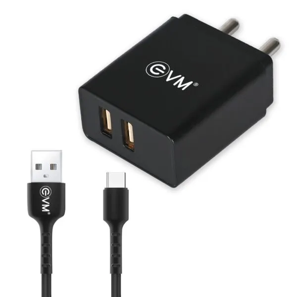 Evm Dual Usb Charger With Type-c Cable Black