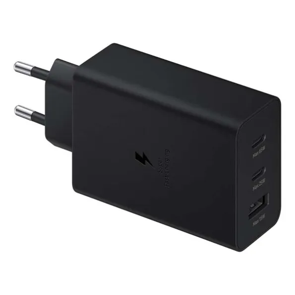 Samsung Original 65W Tri Port, Type-C & USB-A, Super Fast Charger (Cable not Included) Black, Tablet