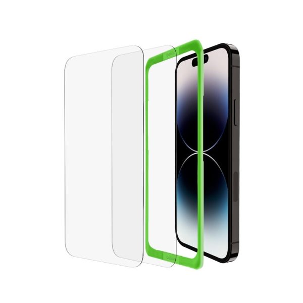 Belkin Tempered Glass Screen Protector Guard for iPhone 14 Pro with Easy Installation Frame - 2 Pack