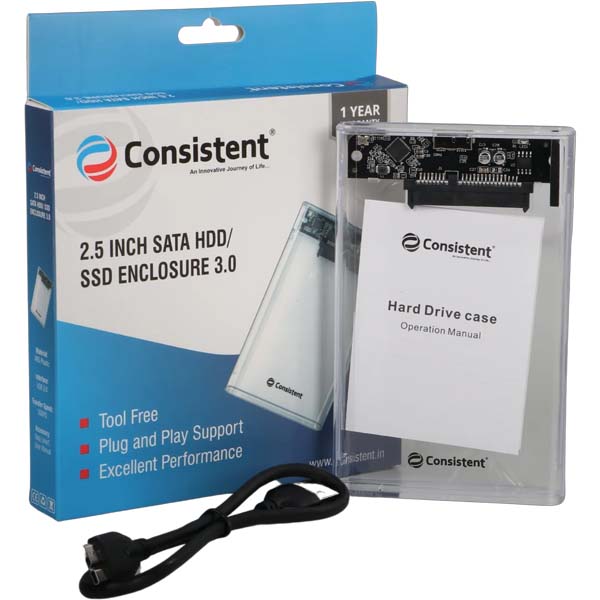 Consistent 2.5ich SATA HDD/ SSD Enclosure 3.0 Transparent Enclosure
