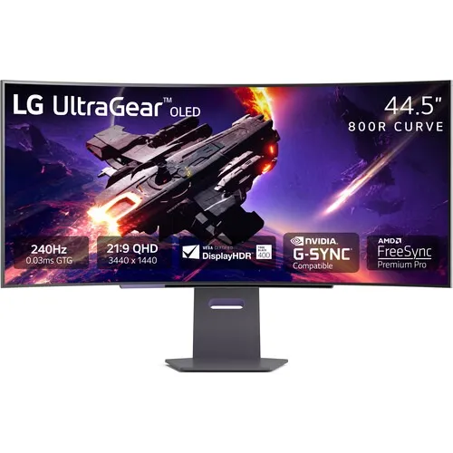 LG 45GS95QE 45-inch Ultragear OLED Curved Gaming Monitor WQHD 800R 240Hz 0.03ms DisplayHDR True Black 400 AMD FreeSync Premium Pro NVIDIA G-Sync HDMI 2.1 DisplayPort Tilt/Height/Swivel Stand Black
