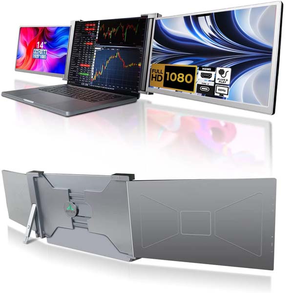 RIITEK 14” FHD 1080P Portable Tri-Screen Monitor Extender (1 Cable for 2 monitors)